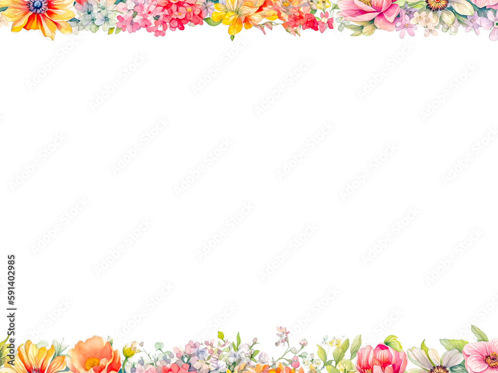 Fototapeta premium Floral frame with spring lovely flowers, in the style of soft and dreamy, subtle use of color, colorful arrangements, Watercolor flowers border with copy space on white background, Generative AI