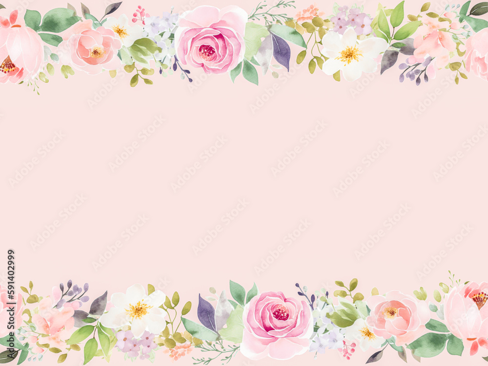 Floral frame with spring lovely flowers, in the style of soft and dreamy, subtle use of color, colorful arrangements, Watercolor flowers border with copy space on pink background, Generative AI