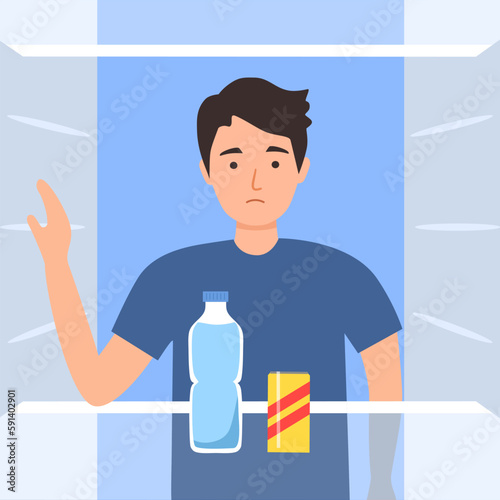 Sad hungry man standing at the opening empty fridge in flat design.