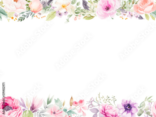 Floral frame with spring lovely flowers, in the style of soft and dreamy, subtle use of color, colorful arrangements, Watercolor flowers border with copy space on white background, Generative AI