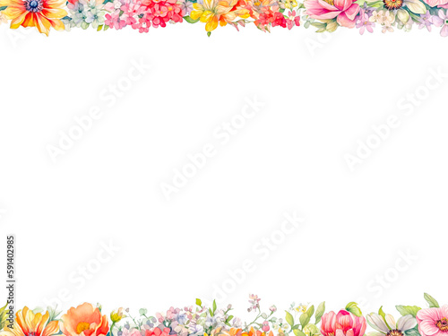 Floral frame with spring lovely flowers  in the style of soft and dreamy  subtle use of color  colorful arrangements  Watercolor flowers border with copy space on white background  Generative AI