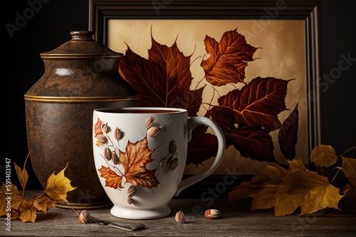 still life painting featuring leaves and a cup. Generative AI