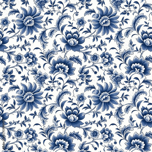 blue floral botanical seamless pattern on white background with generative ai