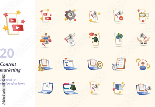 Content marketing set. Creative icons: live streaming, marketing automation, social promotion, ad blocker, premium content, social marketing, viral marketing, story telling, organic content