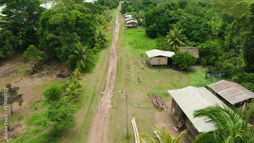 Aerial is tilting up over a small town in the Rainforest close from Contamana, Peru photo