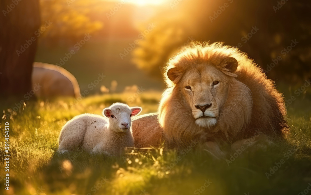 lion and lamb lie together in the meadow, millennium, biblical prophecy, generative ai Stock