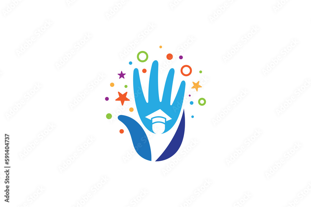 Educational logo with hand and student shape concept