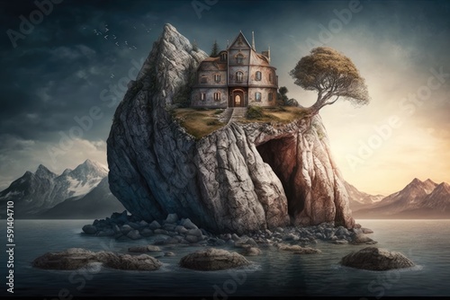 unique house built on a rock with a tree growing on its rooftop. Generative AI