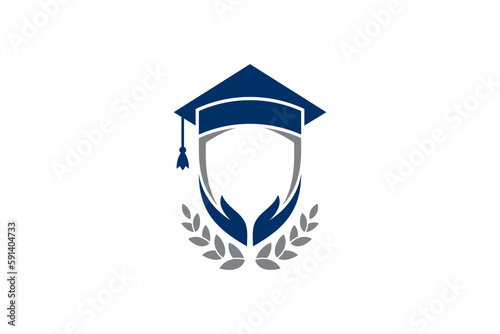 Education logo with toga hat, shield, hand and leaf decoration suitable for campus, university, school and graduation