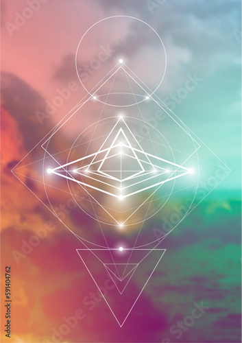 Sacred geometry spiritual new age futuristic illustration with transmutation interlocking circles, triangles and glowing particles