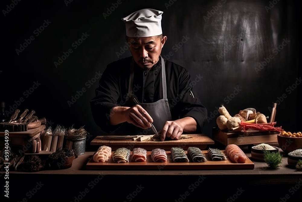 Expert Sushi Chef Preparing Fresh Sushi Rolls (Ai generated)