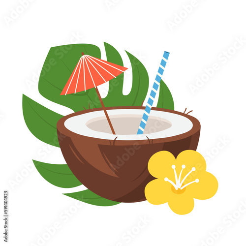 Fresh tropical cocktail in coconut half. Refreshing beach fruit drink with decorated staw and umbrella. Exotic paradise juice. Flat vector illustration isolated on white background