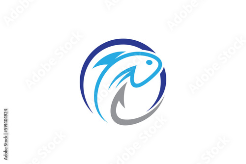 Fishing logo with fish and hook in circle shape