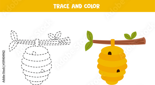 Trace and color cartoon cute beehive. Worksheet for children.