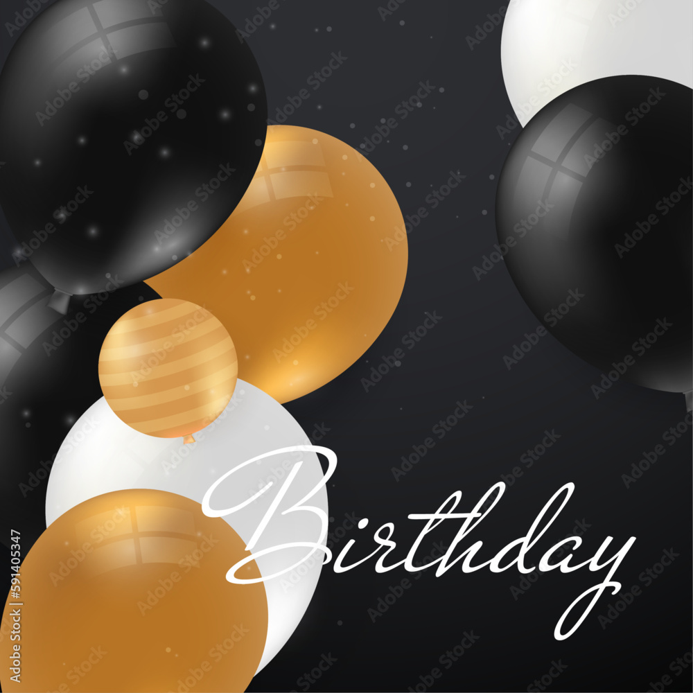 Happy birthday card with luxury balloons and ribbon and gift box. 3d ...