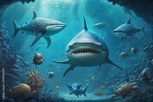 school of sharks swimming in an aquarium. Generative AI