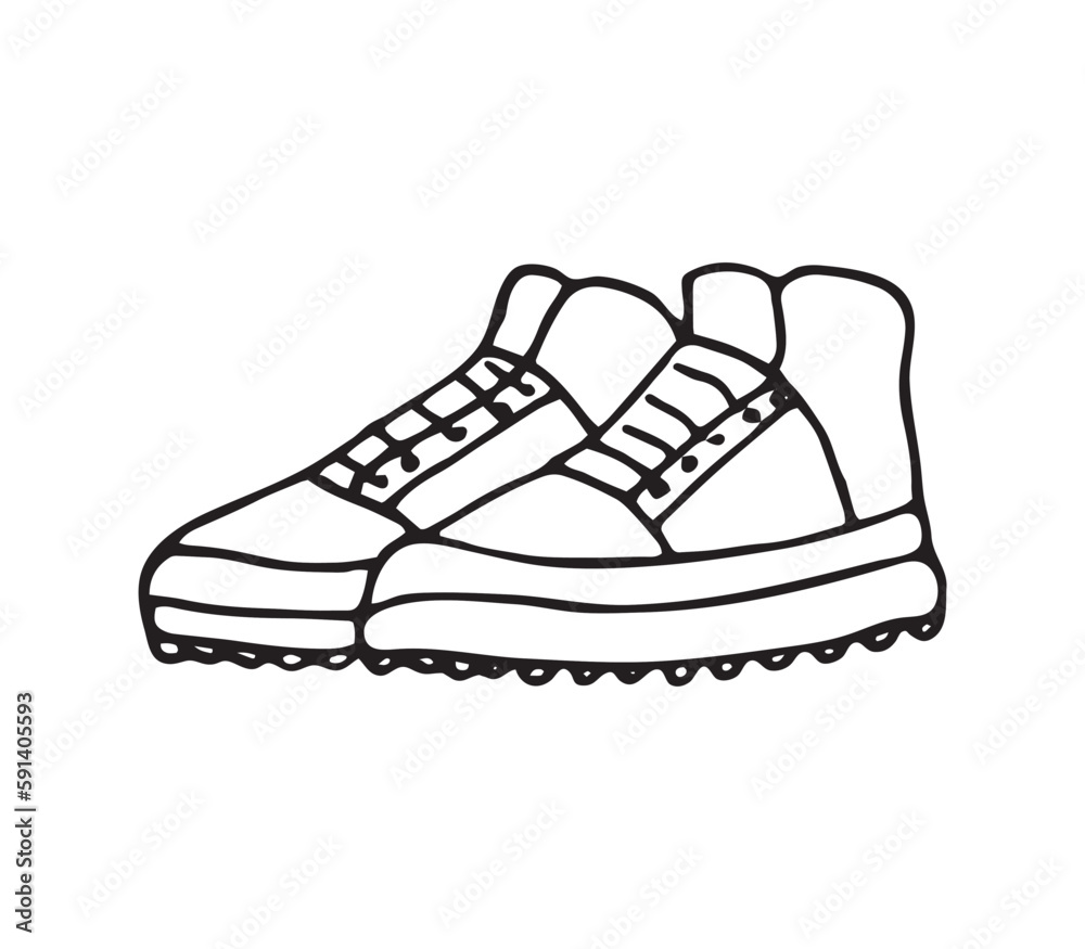 Black and white drawing of a pair of shoes. Hand-drawn basketball shoes, sneakers in doodle style 