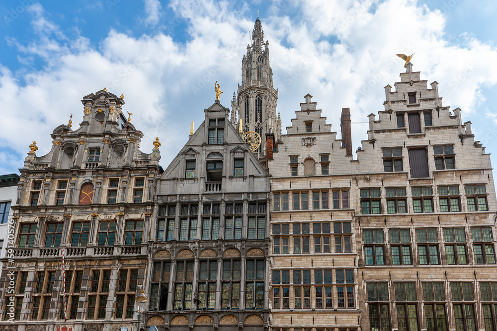 Cityscape with traditional gothic medieval guildhouses on Grote Markt square, Great Market square in old town Antwerp, Belgium.