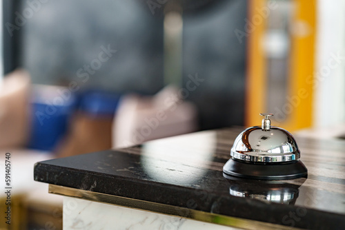 Luxury Hotel Reception Counter desk with Silver Service bell, Сheck in hotel.