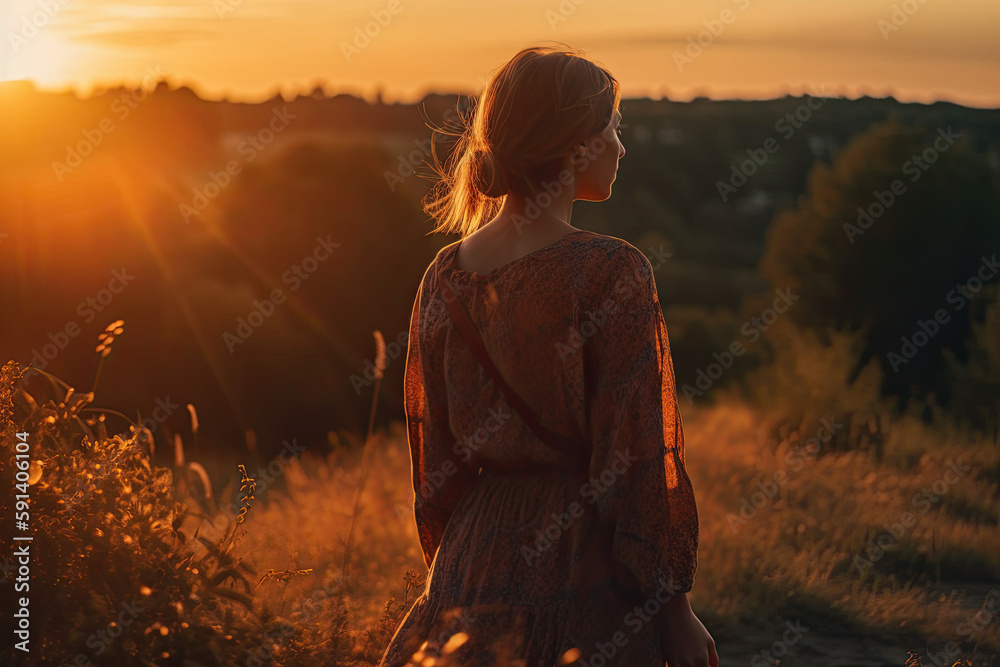 Woman standing back at sunset in nature