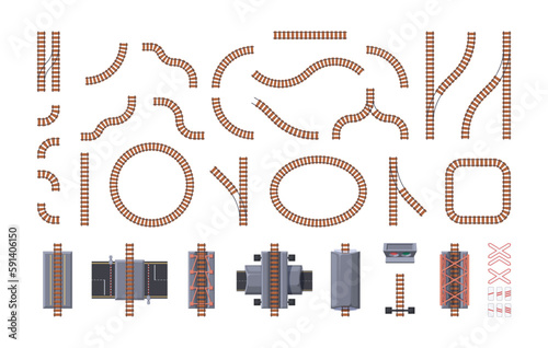 Railway constructor. Train crossing railway tracks and road intersection, metro subway line and crossroad, tram wagon and overhead bridge construction. Vector set. Rail road intersections