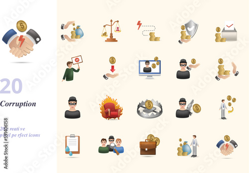 Corruption set. Creative icons: hungry money, unjust, provocation, resist, buy votes, protester, suborn, online crime, mercenary, refuse, masked, hot seat, trap, bandit, venal, data leakage, latent