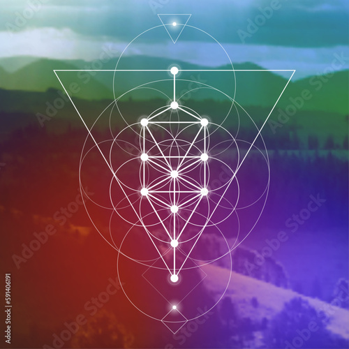 Flower of life. Tree of life. Sacred geometry spiritual new age futuristic illustration with transmutation interlocking circles, triangles and glowing particles