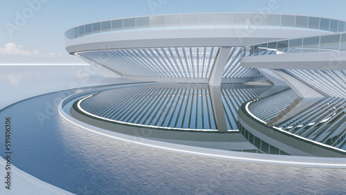 Architecture 3d rendering illustration of metallic modern hall