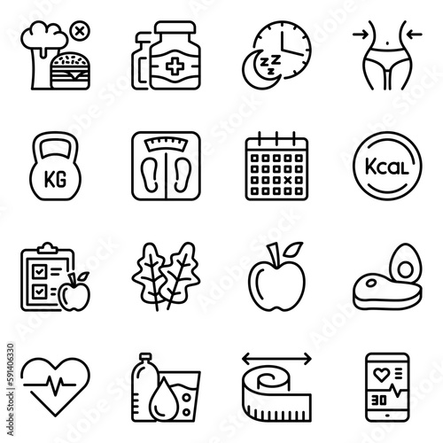 Set of diet line icons. overweight, slim, plan, workout, icon set, gym, vitamin, fit, fitness, outline, weight, product, training, healthcare, exercise, heart