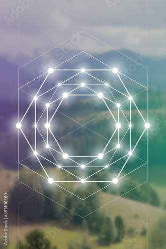 Sacred geometry spiritual new age futuristic illustration with transmutation interlocking circles, triangles and glowing particles