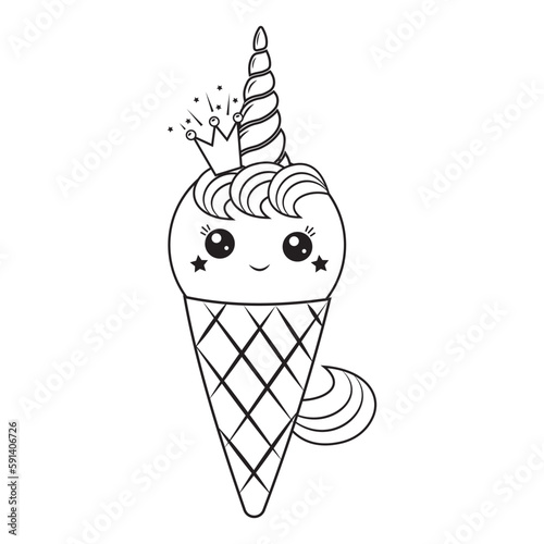 Kawaii unicorn ice cream dessert in a waffle cup, black outline, vector illustration in doodle style.