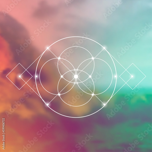 Flower of life. Tree of life. Sacred geometry spiritual new age futuristic illustration with transmutation interlocking circles, triangles and glowing particles