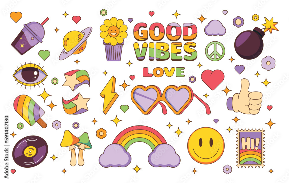 Trendy patches. Doodle hippie abstract geometric stickers for graphic art, cute chaotic psychedelic comic pop stickers. Vector colorful set. Good vibes, colorful peace, heart symbols - obrazy, fototapety, plakaty 
