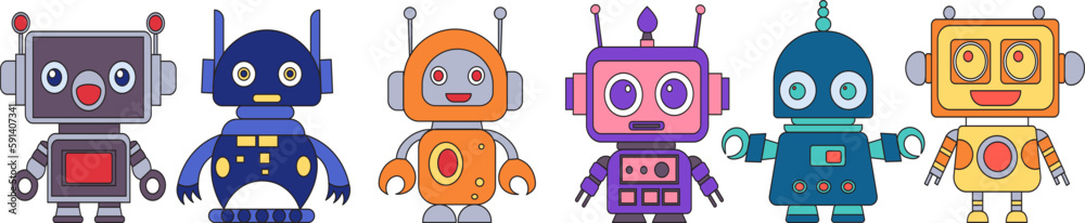 robots, androids set in doodle style set on white background, vector