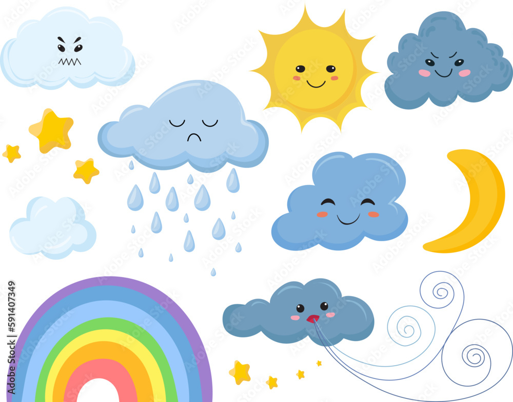 weather icons, cloud, sun, rainbow set in doodle style set on white background, vector weather icons, cloud, sun, rainbow set in doodle style set on white background, vector