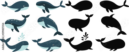 whales set on white background, vector