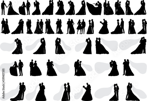 wedding set of bride and groom silhouette on white background, vector
