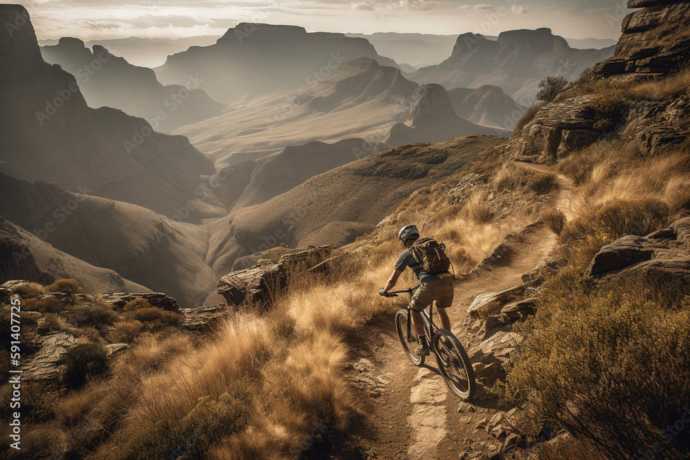 A thrilling, high-speed mountain biking scene, featuring a daring rider navigating a rugged, rocky trail, with a breathtaking mountain vista as the backdrop. Generative AI.