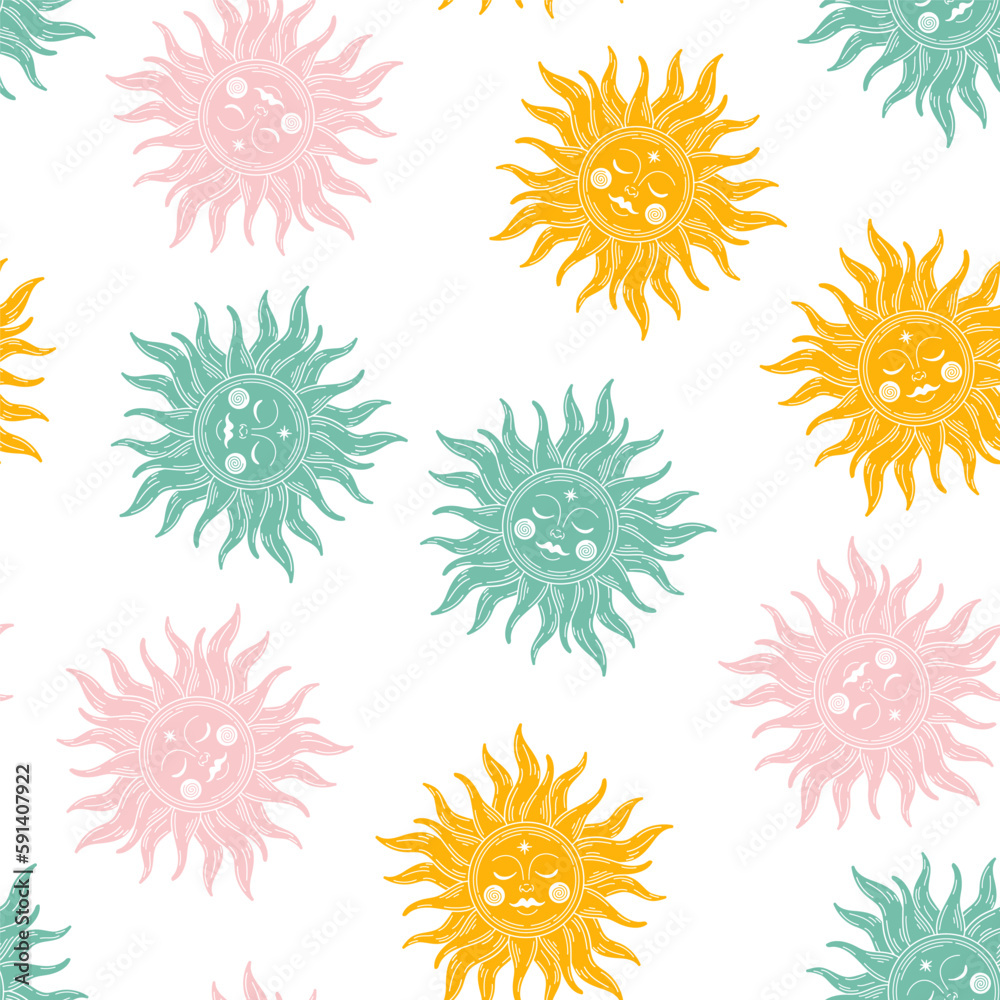 Seamless pattern with colorful celestial sun Seamless pattern with colorful celestial sun