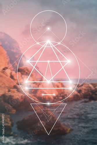 Sacred geometry spiritual new age futuristic illustration with transmutation interlocking circles, triangles and glowing particles