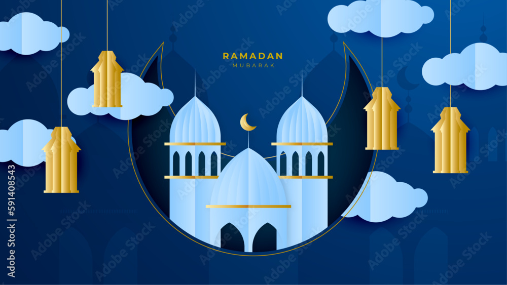 Ramadan Kareem Horizontal Sale Header or Voucher Template with Gold Moon, 3d Paper cut Clouds and Stars on Night Sky Violet Background. Vector illustration. Place for Text.