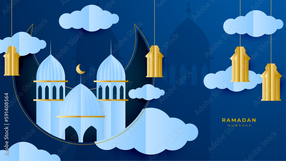 Ramadan Kareem greeting card. Paper cut crescent moon in mosque window with stars. Arabian night Voucher Template, place for text. Vector illustration.