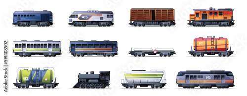 Trains and wagons. Cartoon city railway vehicles, metro trains and subway wagons, underground electric locomotive transportation concept. Vector set. Export or import shipping on railroad