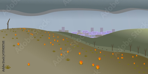 A landscape with a city after a strong fire, which is still burning in the meadows.