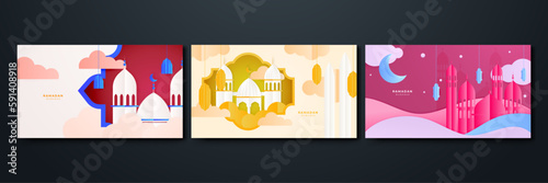 Paper cut vector illustration Ramadan Kareem with mosque and moon  place for text greeting card and banner