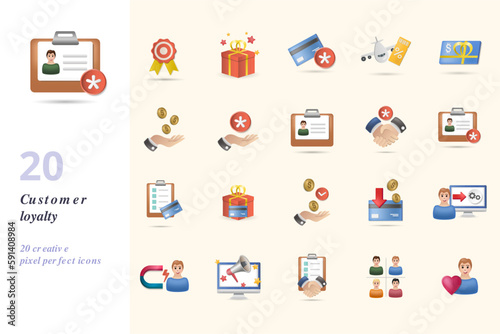 Customer loyalty set. Creative icons: reward, gift, credit card bonus, airline miles, gift voucher, profit, bonus, member card, partnership, premium access, credit program, loyalty card, benefit, cash