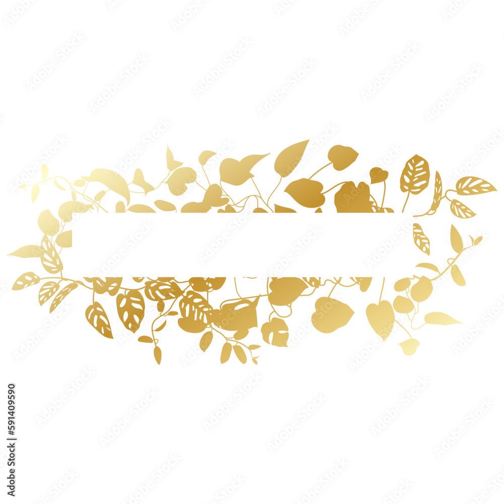 Fototapeta premium Trendy gold tropical leaves of different creepers with white sheet. Card with exotic liana leaves frame.
