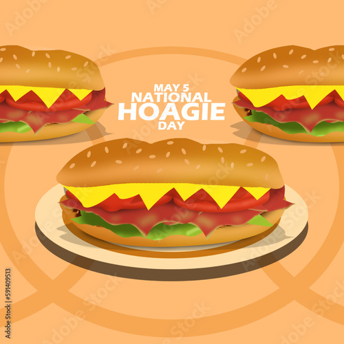 Sandwiches filled with meat, vegetables and cheese look delicious served on a plate commonly called Hoagie and bold text to celebrate National Hoagie Day on May 5 photo