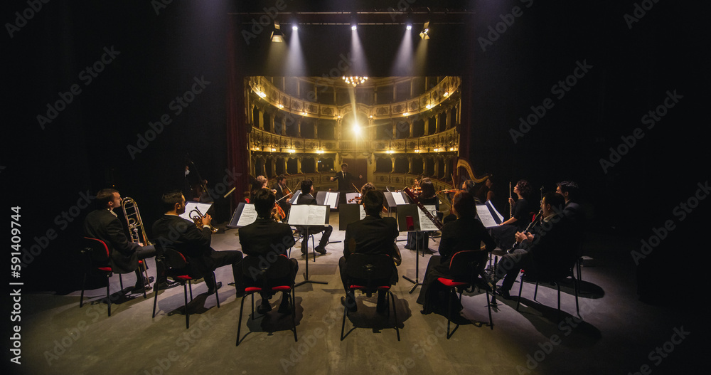 Wide Cinematic shot of Conductor Directing Symphony Orchestra with Performers Playing Violins, Cello and Trumpet on Classic Theatre with Curtain Stage During Music Concert. Back View - obrazy, fototapety, plakaty 