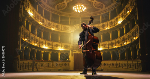 Cinematic shot of Male Cellist Playing Cello Solo on an Empty Classic Theatre Stage with Dramatic Lighting. Professional Musician Rehearsing Before the Start of a Big Show with Orchestra photo